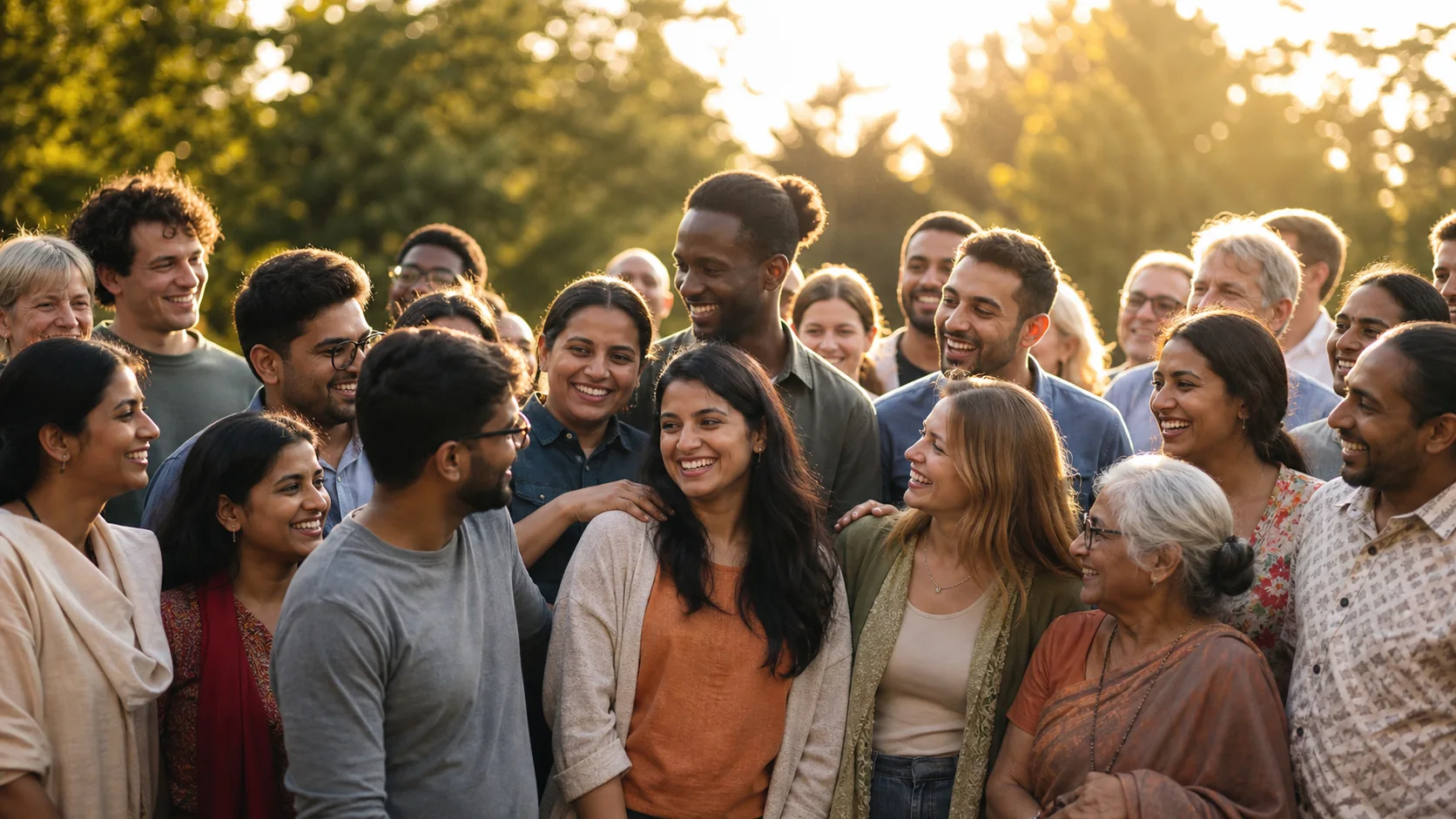 A diverse community gathering outdoors in warm sunlight