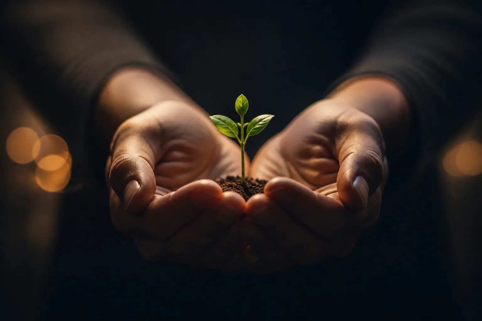 Hands protecting a young seedling